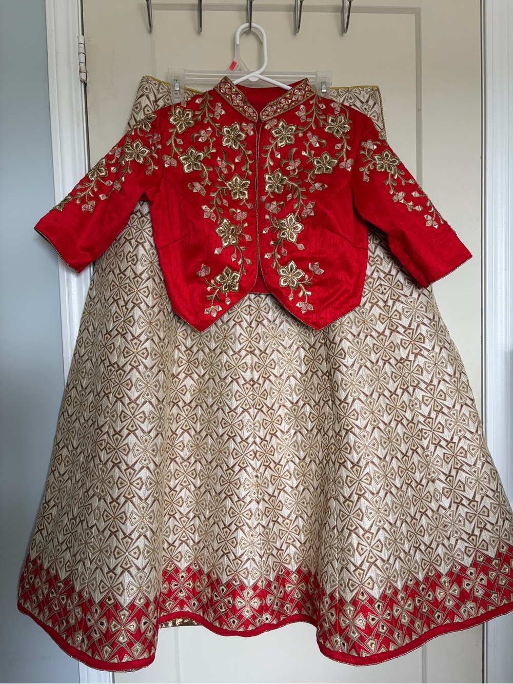 Red and Gold Embroidered Two-Piece Lehenga Set - Indian Clothes
